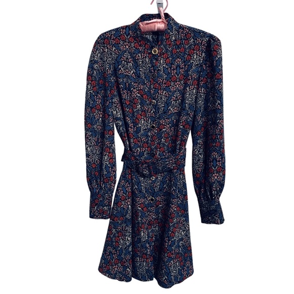 ZARA BLUE FLORAL PRINT LONG-SLEEVE BUTTON-DOWN BELTED MINI DRESS WITH POCKETS - Picture 11 of 16